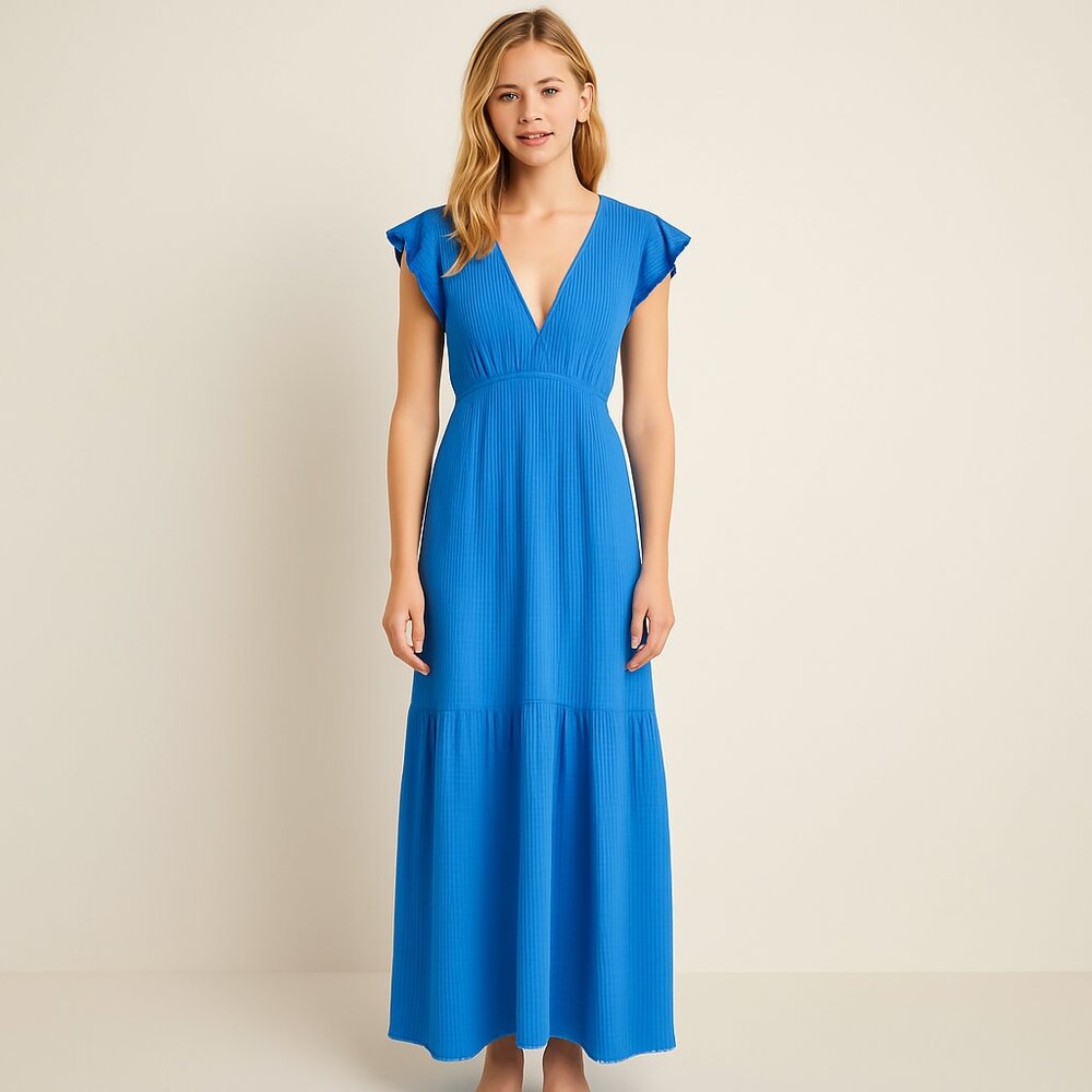 Honorine Blue Cotton Gauze Maxi Dress Flutter Sleeves Tiered Tiered Summer M